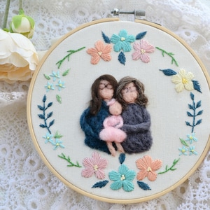 Needle felted custom made family portrait, embroidery decor, hoop art