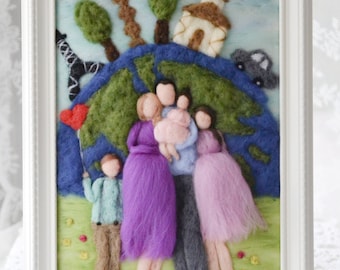 Custom made felted family portrait, traveling lovers, waldorf wool family portrait