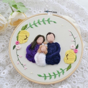 Embroidered decor, needle felted family portrait custom made illustration hoop art