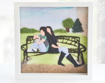 Personalised birthday best friend illustration, needle felted wool portrait, shadow box decor
