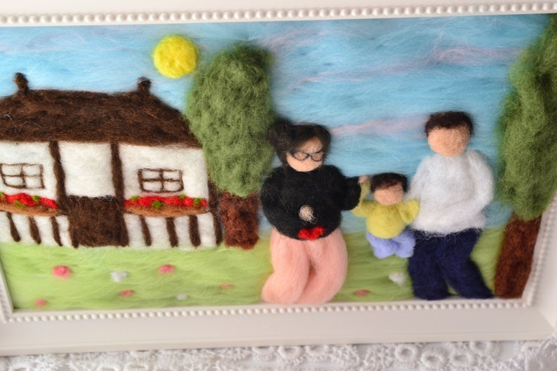 Custom made needle felted family portrait, wool peronalised gift, waldorf style illustration portrait, pregnancy announcement to husband image 2