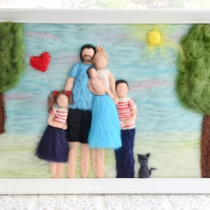 Custom made felted family portrait, wool paint, family illustration made from picture, waldorf decor