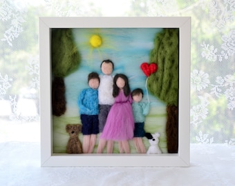 Couples portrait, custom family portrait, pet portrait, custom illustration, pet illustration, wool decor, wool portrait, waldorf sculpture