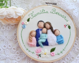 Embroidered flowers decor felted family portrait, custom illustration made from picture, family of five