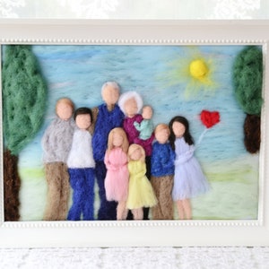 Needle felted wool family portrait, custom made from photo family illustration, grandparents and grandsons gift, family of 9