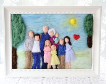 Needle felted wool family portrait, custom made from photo family illustration, grandparents and grandsons gift, family of 9