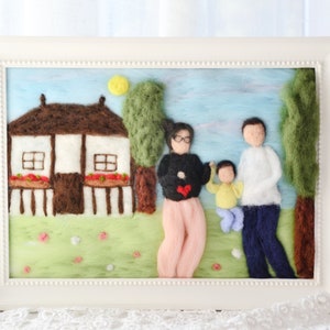 Custom made needle felted family portrait, wool peronalised gift, waldorf style illustration portrait, pregnancy announcement to husband image 1