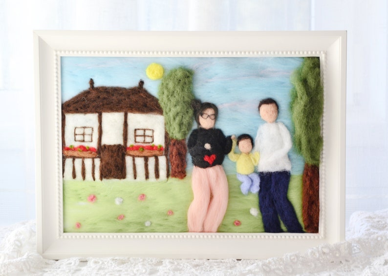 Custom made needle felted family portrait, wool peronalised gift, waldorf style illustration portrait, pregnancy announcement to husband image 1