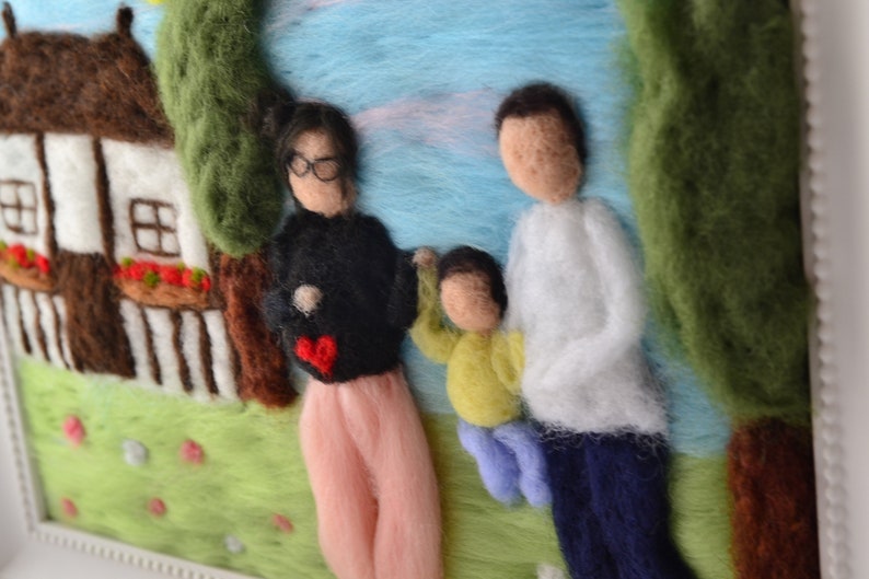 Custom made needle felted family portrait, wool peronalised gift, waldorf style illustration portrait, pregnancy announcement to husband image 3