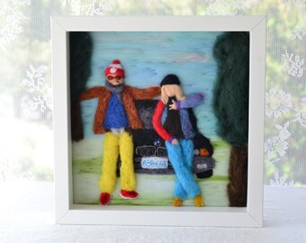 Needle felted waldorf style custom family portrait, wool paint housewarming decor, anniversary gift, bmw lovers unique gift