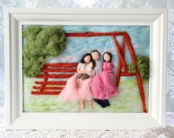 Custom made needle felted wool family portrait, waldorf family portrait, personalized illustration