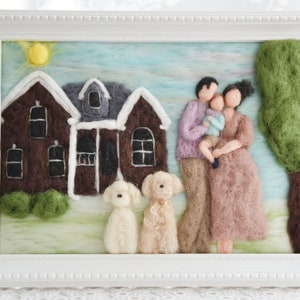 Needle felted family portait, made from picture, house portrait, waldorf family christmas gift