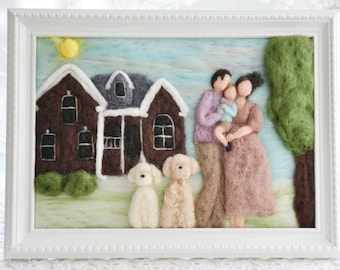 Needle felted family portait, made from picture, house portrait, waldorf family christmas gift