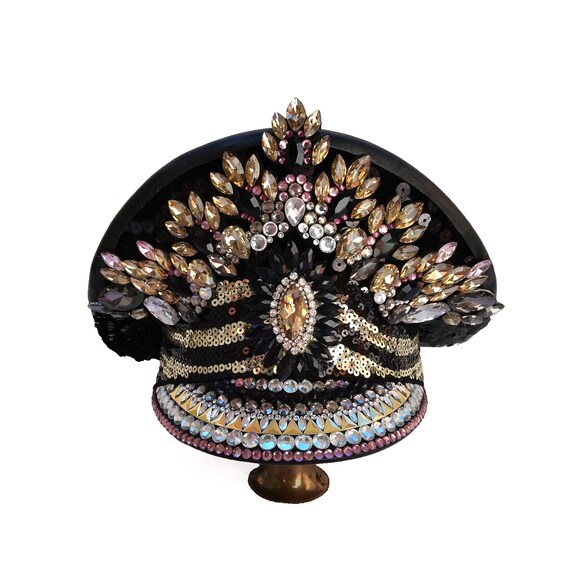 Gold Festival Headpiece, Parade Hat, Burning Man Hat in Black and Gold for Rave Clothing, Rave Accessory for Woman