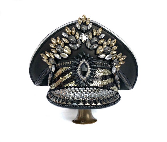 Festival Fashion Headpiece, Black an gold Festival Hat Rhinestones Covered, Burning Man Military Hat for Men and Women Festival Set