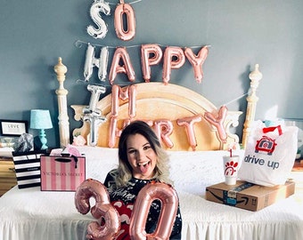 Ballons de lettre de fête d'anniversaire 30e – Tellement heureux, j'ai trente ans | Argent x Or Rose | Bleu x Argent | Ballon décoratif noir x doré pour fête d'anniversaire 30 ans