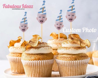 Personalized Face Photo Cupcake Toppers for Birthday Party Decorations with Hats Custom Message Birthday Favor Gift Cup Cake Decoration