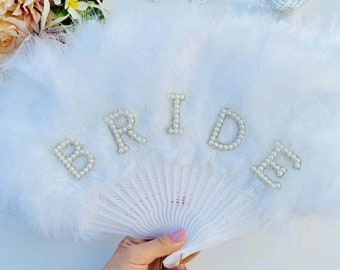 BRIDE Fluffy Feather Fan, Bridesmaid Gift, Bridal Shower Gift, Mrs To Be, Wedding Favours, Handmade White Pearls Hens Gift