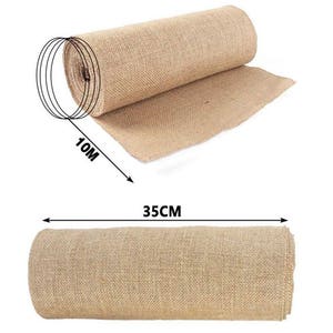 May include: A roll of natural brown burlap fabric, 10 meters long and 35 centimeters wide. The fabric is woven with a loose, open weave and has a rustic, natural look.