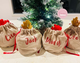 Personalised Reindeer Stocking Treat Bag, Christmas Bag, Santa sack, Christmas Candy Bag, Christmas Gift Bag, personalised christmas sack
