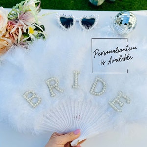 BRIDE Fluffy Feather Fan, Bridesmaid Gift, Bridal Shower Gift, Mrs To Be, Wedding Favours, Handmade White Pearls Hens Gift