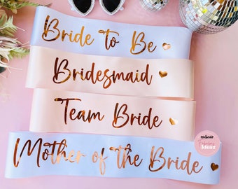 Team Bride Bachelorette Party Sash Gift - Rose Gold Hens Party Sash with Heart - Ideal Bridesmaid Gift for Bridal Squad