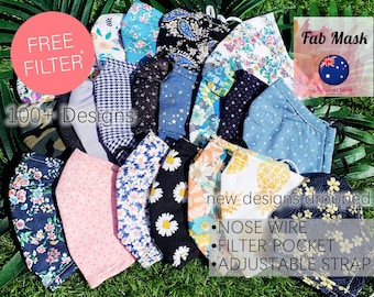 Handmade Adult Face Mask Washable | Reusable | Adjustable with Nose Wire & Filter Pocket + FREE filter | Cotton Fabric AUSTRALIA