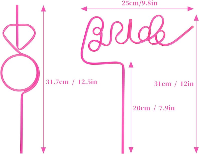 May include: Two pink plastic straws shaped into a ring and the word "bride". The straws are 12.5 inches tall and the bride straw is 9.8 inches wide.
