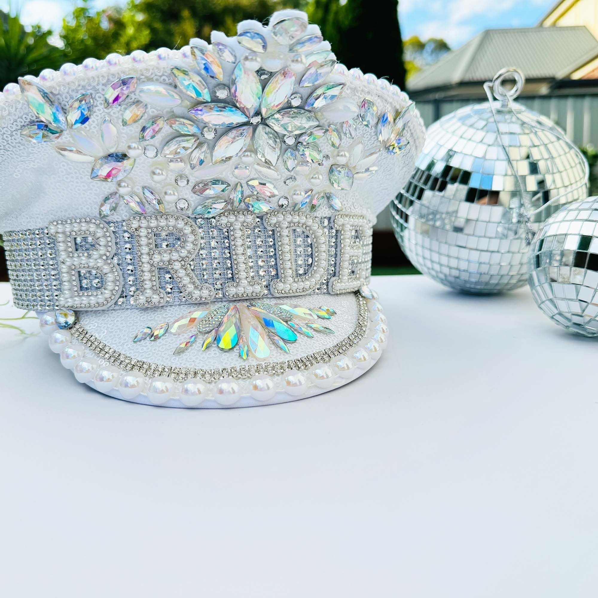 Rhinestone Silver Bride Bachelorette Hat Novelty Faux Diamond Pearls Wedding Amazon.com: Sparkling Diamond Bride Hat Wedding Props White  main image 3