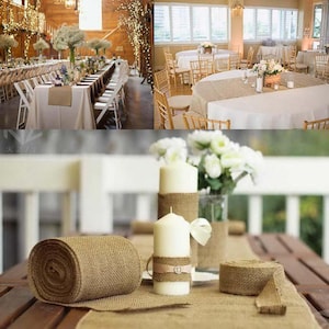 May include: A roll of natural burlap ribbon, perfect for adding a rustic touch to wedding decorations, gift wrapping, or crafting projects. The ribbon is shown on a wooden table with candles and flowers.