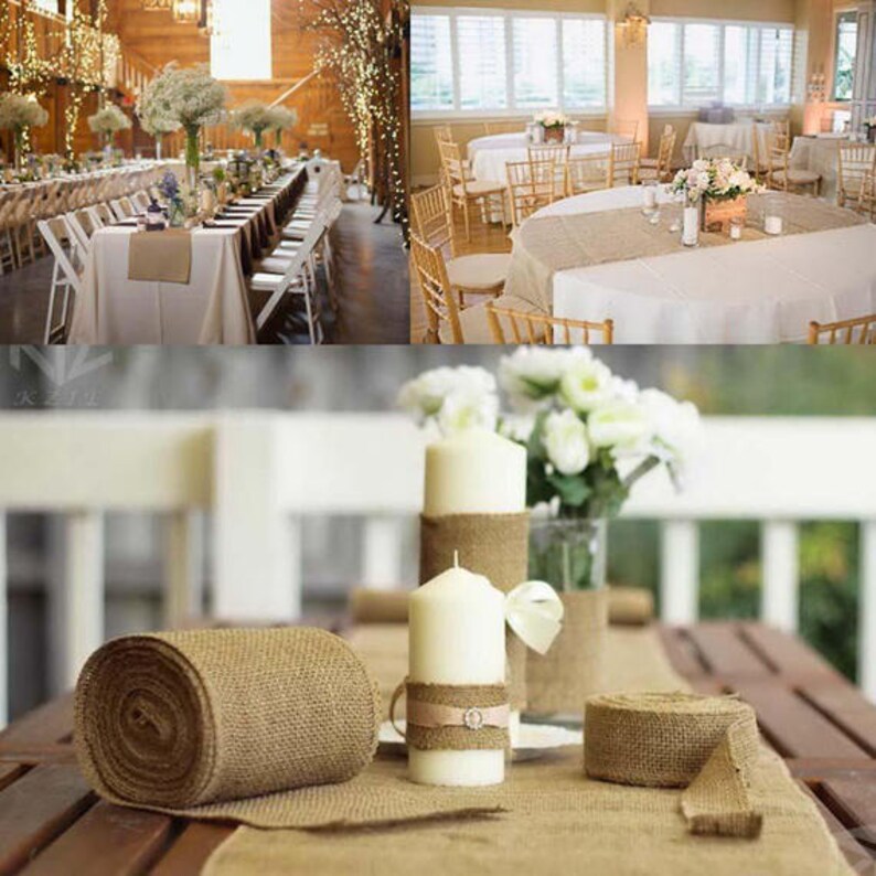 May include: A roll of natural burlap ribbon, perfect for adding a rustic touch to wedding decorations, gift wrapping, or crafting projects. The ribbon is shown on a wooden table with candles and flowers.