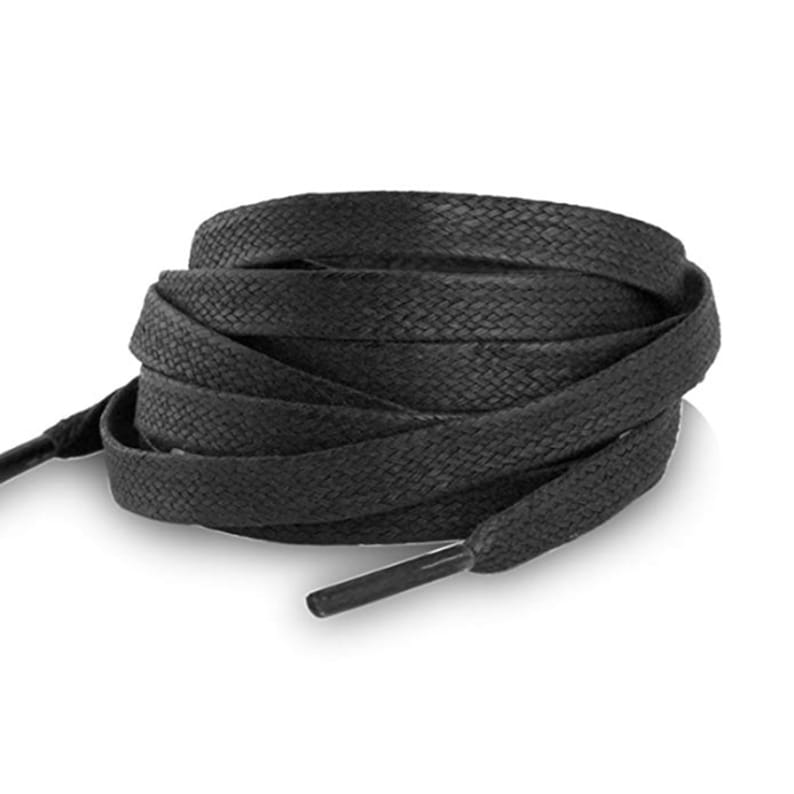 May include: Black shoelaces made from a woven fabric. The shoelaces are coiled and ready to be used.