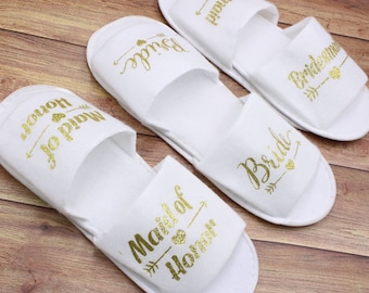 Bridal Slippers Gold on White Bride To Be Bridesmaid Maid of Honor Wedding Hens Night