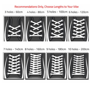 May include: A guide to choosing the right length of shoelaces based on the number of eyelets on your shoes. The image shows eight pairs of shoes with different numbers of eyelets, ranging from 3 to 10. Each pair of shoes is labelled with the number of eyelets and the corresponding shoelace length in centimetres.