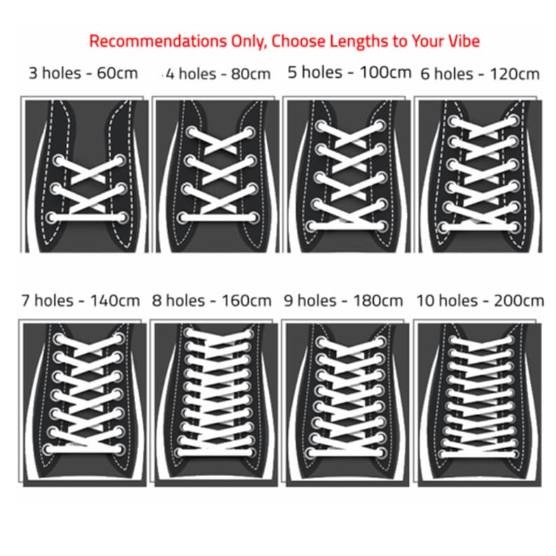 May include: A guide to choosing the right length of shoelaces based on the number of eyelets on your shoes. The image shows eight pairs of shoes with different numbers of eyelets, ranging from 3 to 10. Each pair of shoes is labelled with the number of eyelets and the corresponding shoelace length in centimetres.