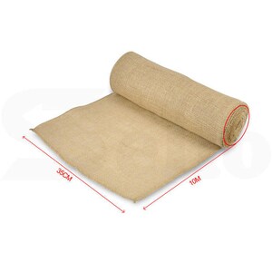 May include: A roll of natural burlap fabric, 10 meters long and 35 centimeters wide. The fabric is a light brown color and has a rough texture.