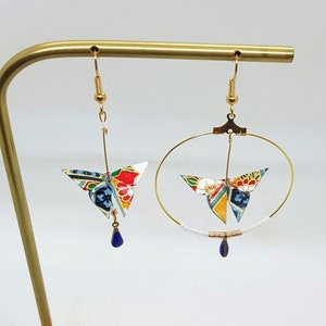 Asymmetrical origami earrings, paper butterfly, yellow red blue, creoles and dangling, Japanese paper, mismatched jewelry