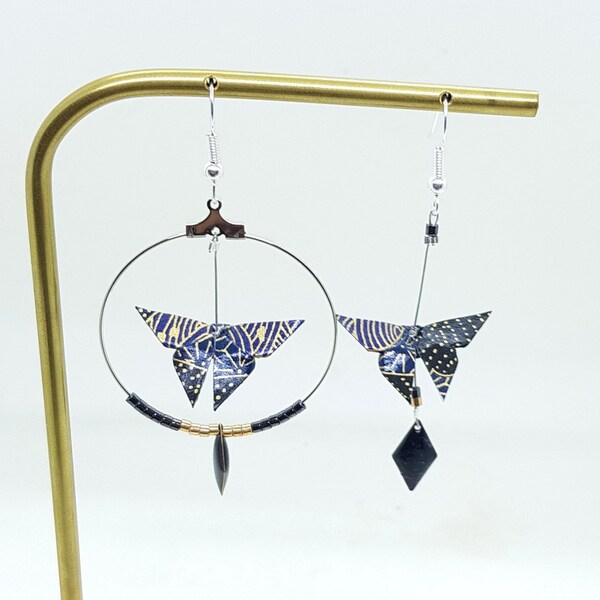 Asymmetrical origami earrings, paper butterfly, birds, black blue, creoles and dangling, Japanese paper, mismatched