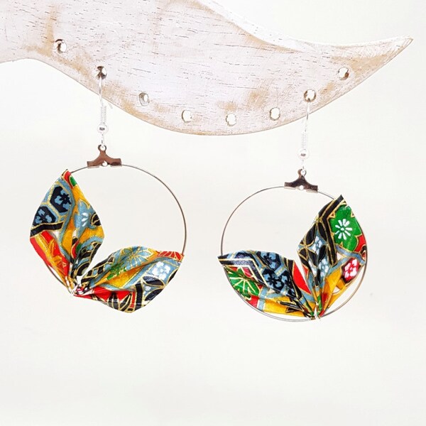 Origami hoop earrings, paper wing leaf, red yellow blue gold, Japanese paper, washi