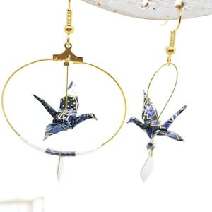 Asymmetrical origami earrings, hoop and pendant, enameled diamonds, Japanese paper, washi cranes, black, midnight blue, gold