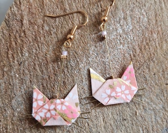 Origami cat earrings, pink, white and gold
