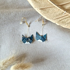 Orecchini origami a forma di gatto, blu-verde e oro