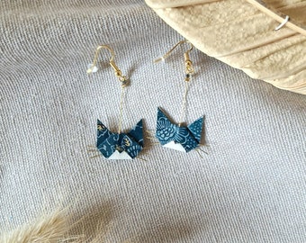 Boucles d'oreilles chats origami, bleu-vert et or