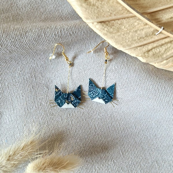 Origami cat earrings, blue-green and gold