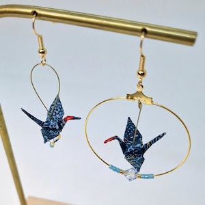 Duck blue and gold asymmetrical origami earrings