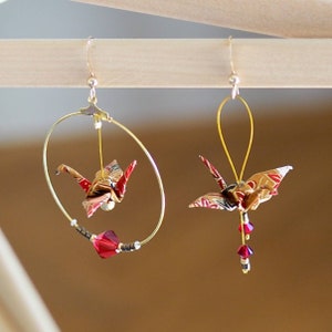 Asymmetrical origami earrings, hoop and pendant, Japanese paper, washi cranes, gold mustard, Swarovski pearls, Miyuki pearls