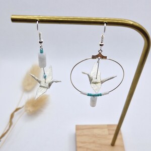 Asymmetrical origami Moonstone earrings, natural stone and Japanese paper crane folding, white and silver