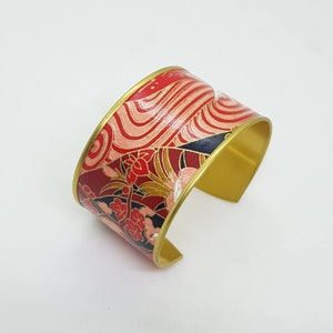 Cuff bangle bracelet, brass, Japanese paper, origami flower, red and gold, adjustable bracelet, origami
