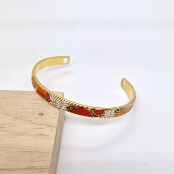 Bracelet jonc doré à l'or fin 24 K, papier japonais rouge et orange