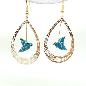 Origami dove earrings, cut-out hoops, origami bird, duck blue gold, handmade washi